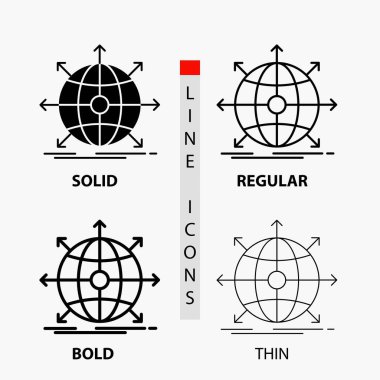 iş, ağ, genel, Uluslararası, ince, normal, kalın satır ve karakter stili simgesini web. Vektör çizim