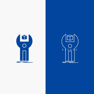 SDK, App, geliştirme, kit, çizgi ve glif web düğmesi mavi renkli dikey Banner UI ve Ux, Web sitesi veya mobil uygulama için programlama