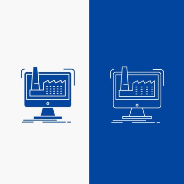 Dijital, fabrika, üretim, üretim, ürün hattı ve glif web UI ve Ux, Web sitesi veya mobil uygulama için mavi renkte Dikey Banner düğme