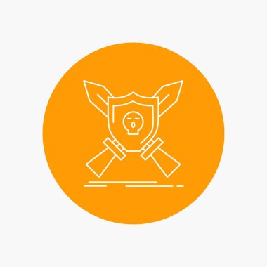 Rozet, amblem, oyun, kalkan, kılıç beyaz satırı simgesi daire arka planda. vektör simge tasarlamak