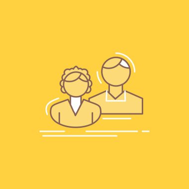 Öğrenci, çalışan, Grup, Çift, düz çizgi dolu kutsal kişilerin resmi takım. Güzel Logo düğme UI ve Ux, Web veya mobil uygulama için sarı arka plan üzerinde