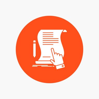 Sözleşme, belge, kağıt, işaret, anlaşma, uygulama beyaz glif simgesini daire içinde. Düğmesi illüstrasyon vektör