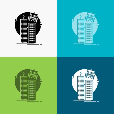 Bina, akıllı şehir, teknoloji, uydu, Şirket simgesi üzerinde çeşitli arka plan. glif tarzı tasarım, Web ve uygulama Eps 10 vektör çizim için tasarlanmış