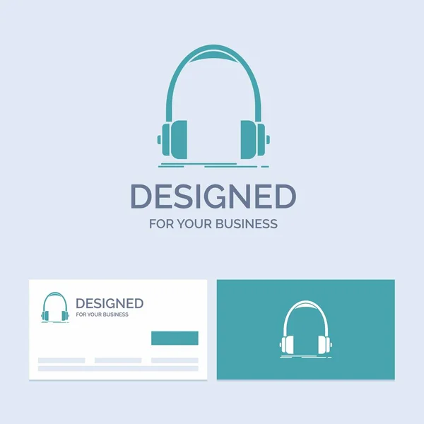 オーディオ ヘッドフォン ヘッドフォン モニター あなたのビジネスのためのスタジオ ビジネス グリフ アイコンのシンボル ブランドのロゴのテンプレートとターコイズ ブルーの名刺 — ストックベクタ