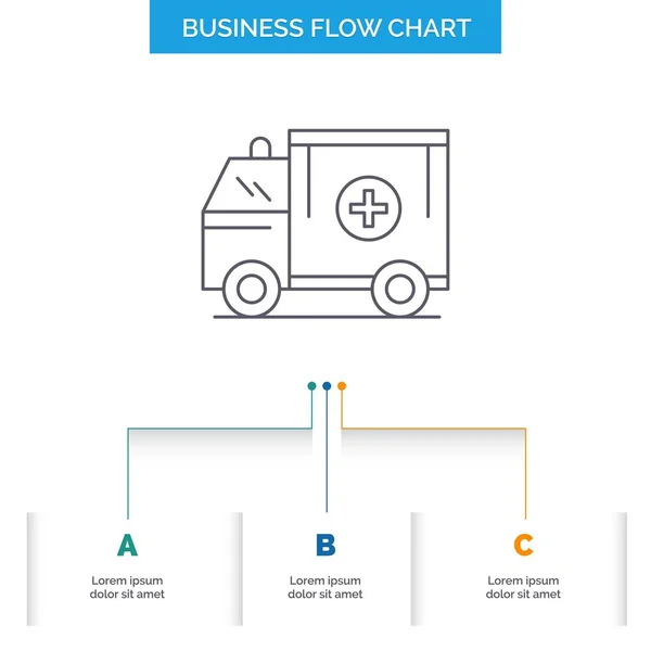 救护车 面包车业务流程图设计与3个步骤 用于演示文稿背景模板位置的行图标 — 图库矢量图片