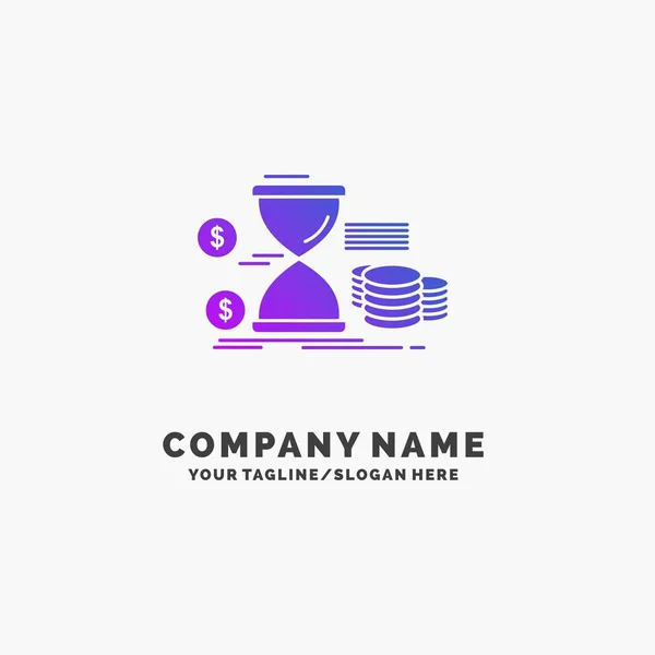 Ampulheta Gestão Dinheiro Tempo Moedas Purple Business Logo Template Lugar — Vetor de Stock