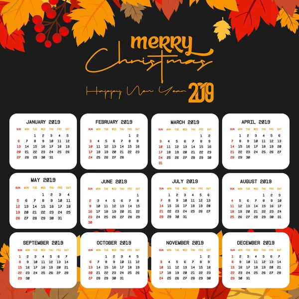 2019 Calendar Template Christmas Happy New Year Background — Stock Vector