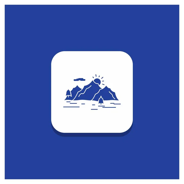 Botón Redondo Azul Para Montaña Colina Paisaje Naturaleza Árbol Icono — Vector de stock