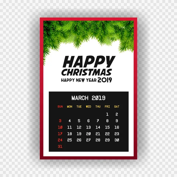 Natal Happy New Year 2019 Kalender Maret - Stok Vektor