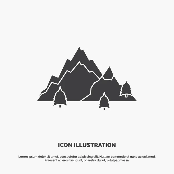 Montaña Paisaje Colina Naturaleza Árbol Icono Glifo Vector Gris Símbolo — Vector de stock