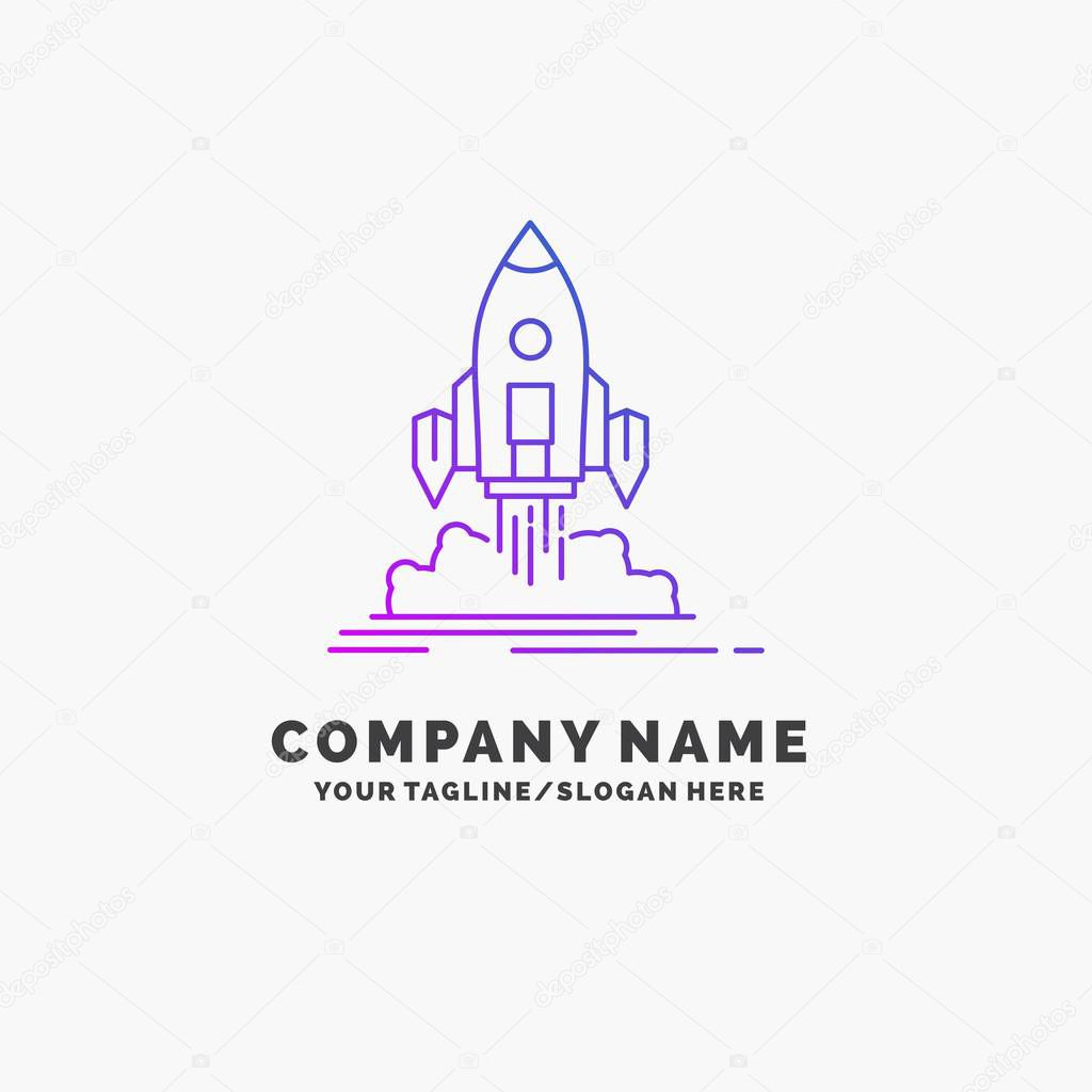 Launch, mission, shuttle, startup, publish Purple Business Logo Template. Place for Tagline
