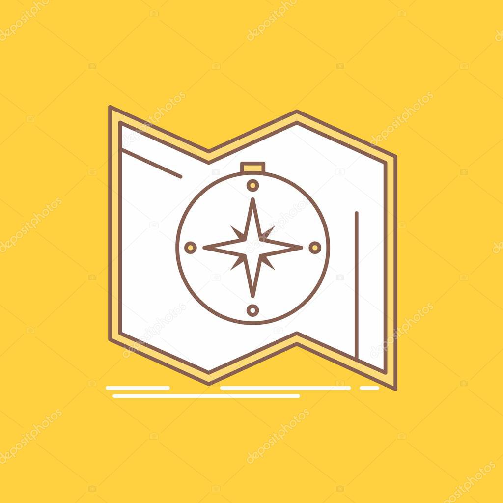 Direction, explore, map, navigate, navigation Flat Line Filled Icon. Beautiful Logo button over yellow background for UI and UX, website or mobile application