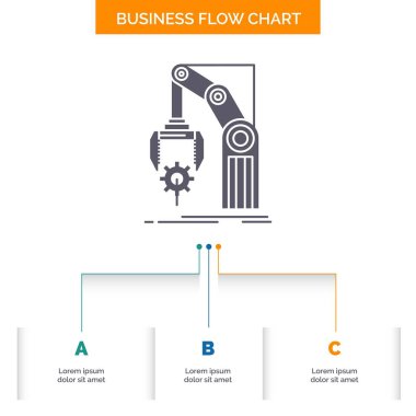 Automation, factory, hand, mechanism, package Business Flow Chart Design with 3 Steps. Glyph Icon For Presentation Background Template Place for text. clipart