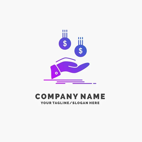 Moedas Mão Moeda Pagamento Dinheiro Purple Business Logo Template Lugar — Vetor de Stock
