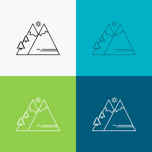 Горы, Природа, Открытый, Солнце, Пешие прогулки Икона на разнообразном фоне. Дизайн линии, разработанный для веб и приложений. Векторная иллюстрация Eps 10
