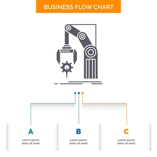 Otomasyon, fabrika, el, mekanizma, iş akış şeması tasarım 3 adımlar ile paket. Metin için glif sunu arka plan şablonu için simge yer.