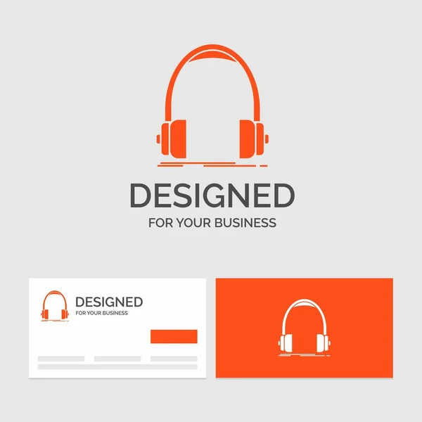 オーディオ ヘッドフォン ヘッドフォン モニター スタジオのビジネスのロゴのテンプレートです ブランドのロゴのテンプレートとオレンジ名刺 — ストックベクタ