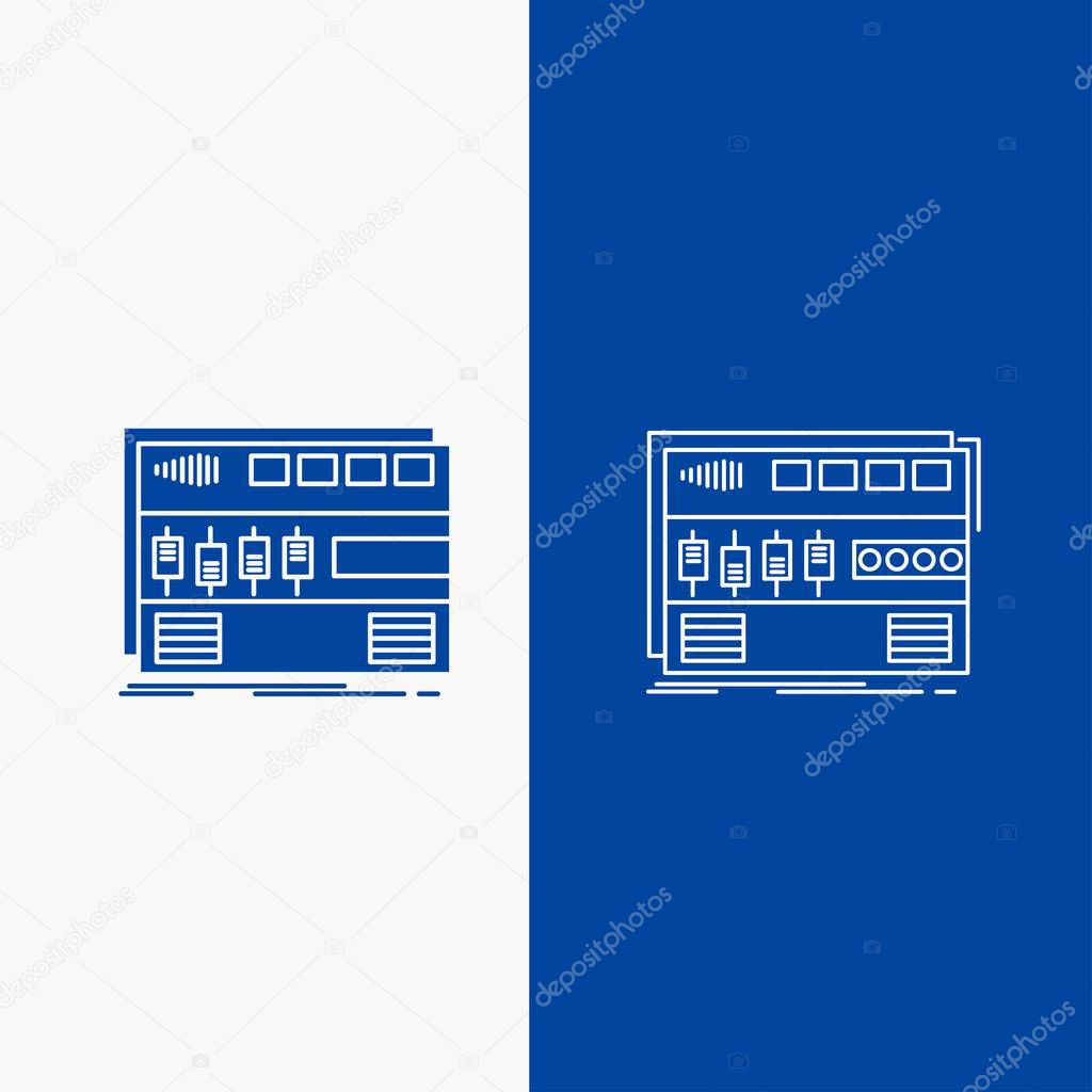 Audio, mastering, module, rackmount, sound Line and Glyph web Button in Blue color Vertical Banner for UI and UX, website or mobile application