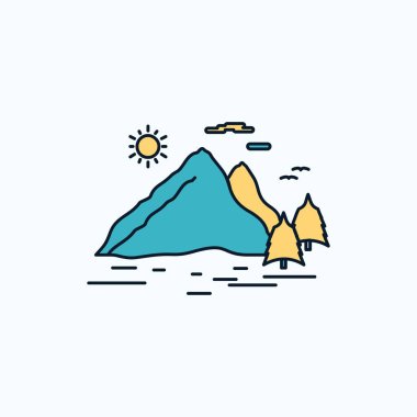 Doğa, dağ, tepe, manzara düz simgesi güneş. yeşil ve sarı işaret ve sembolleri Web sitesi ve mobil appliation için. vektör çizim