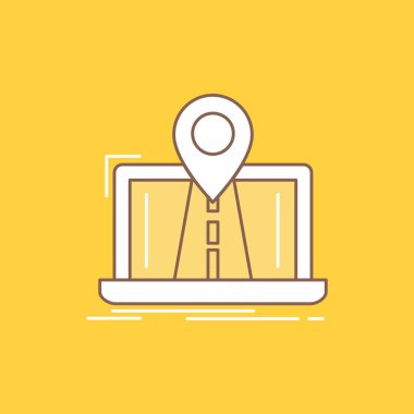 Gezinti, harita, sistemi, Gps, yol düz çizgi dolu simgesi. Güzel Logo düğme UI ve Ux, Web veya mobil uygulama için sarı arka plan üzerinde