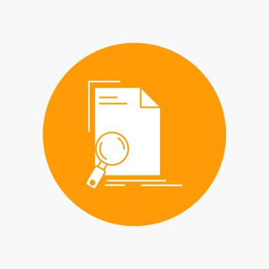 Analiz, belge, dosya, bulmak, beyaz glif simgesini daire içinde sayfa. Düğmesi illüstrasyon vektör