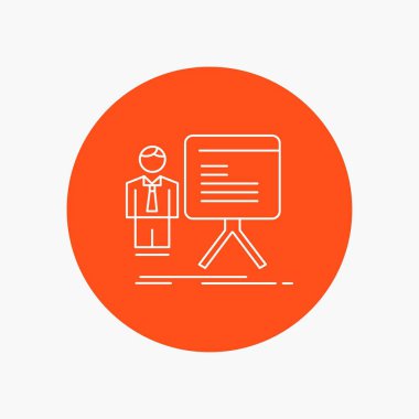 sunu, iş adamı, grafik, grafik, beyaz satırı simgesi daire arka planda ilerleme. vektör simge tasarlamak