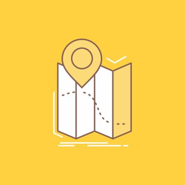 GPS, konumu, harita, navigasyon, yol düz çizgi dolu kutsal kişilerin resmi. Güzel Logo düğme UI ve Ux, Web veya mobil uygulama için sarı arka plan üzerinde