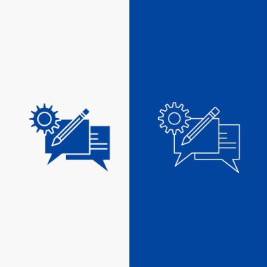 sohbet, iletişim, tartışma, ayar, ileti satır ve glif web UI ve Ux, Web sitesi veya mobil uygulama için mavi renkte Dikey Banner düğme