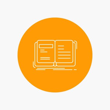 Yazar, kitap, açık, hikaye, hikaye anlatımı beyaz satırı simgesi daire arka planda. vektör simge tasarlamak