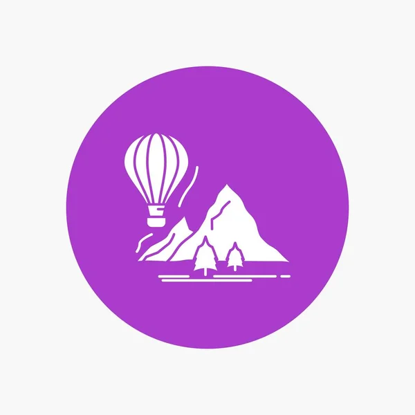Explore Travel Mountains Camping Balloons White Glyph Icon Circle Ilustración — Archivo Imágenes Vectoriales