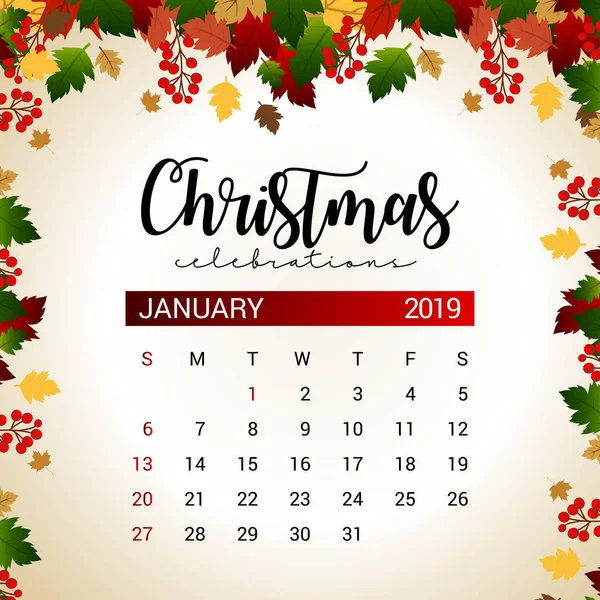 Modèle Calendrier 2019 Janvier Décoration Noël Nouvel — Image vectorielle
