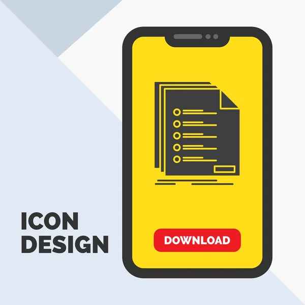 Comprobar Archivar Lista Listado Registro Glyph Icono Mobile Para Página — Vector de stock