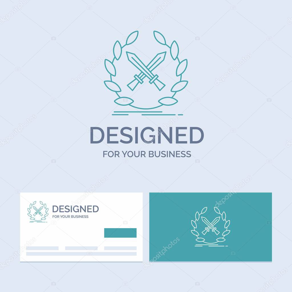 battle, emblem, game, label, swords Business Logo Line Icon Symbol for your business. Turquoise Business Cards with Brand logo template