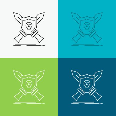 Rozet, amblem, oyun, kalkan, çeşitli arka plan üzerinde kılıç Simge. Web ve uygulama için tasarlanmış çizgi stili tasarımı. Eps 10 vektör çizimi