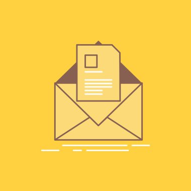 posta, sözleşme, mektup, e-posta, düz çizgi dolu kutsal kişilerin resmi brifing. Güzel Logo düğme UI ve Ux, Web veya mobil uygulama için sarı arka plan üzerinde