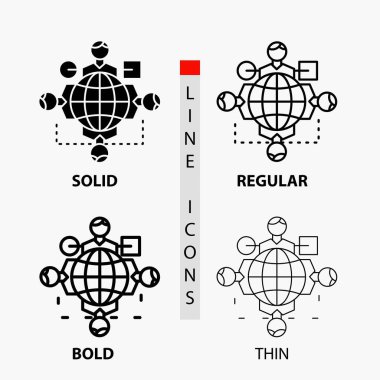 İşlev, talimat, mantık, operasyon, ince, normal, kalın satır ve karakter stili simgesini toplantı. Vektör çizim
