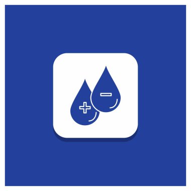 Mavi yuvarlak düğmeye kan, damla, sıvı artı eksi glif simgesi