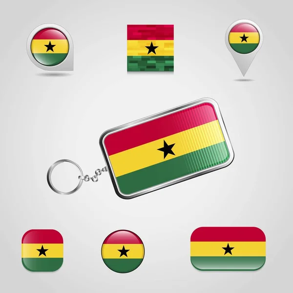 Ghana País Bandera Llavero Mapa Pin Diverso Estilo — Vector de stock
