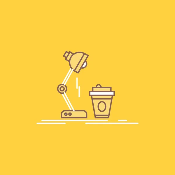 studio, design, coffee, lamp, flash Flat Line Filled Icon. Beautiful Logo button over yellow background for UI and UX, website or mobile application