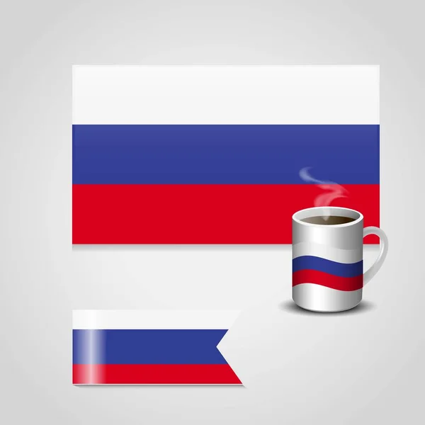印在咖啡杯和小国旗上的俄罗斯国旗 — 图库矢量图片