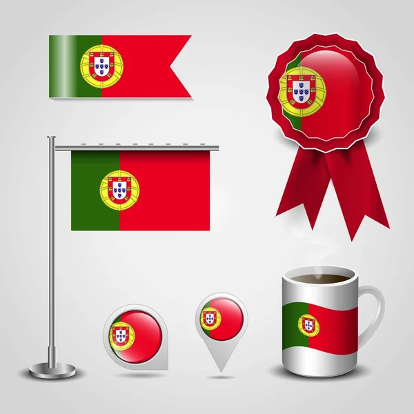 Место Флага Португалии Карте Pin Steel Pole Ribbon Badge Banner — стоковый вектор
