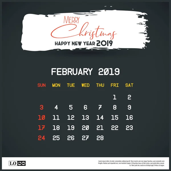Februar 2019 Kalendervorlage Für Das Neue Jahr Pinselstrich Header Hintergrund — Stockvektor