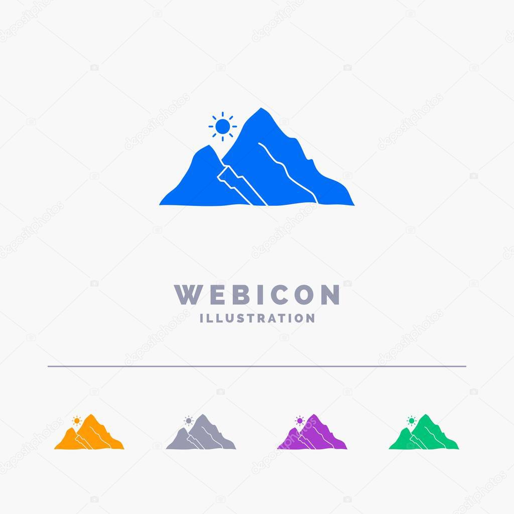 mountain, landscape, hill, nature, sun 5 Color Glyph Web Icon Template isolated on white. Vector illustration