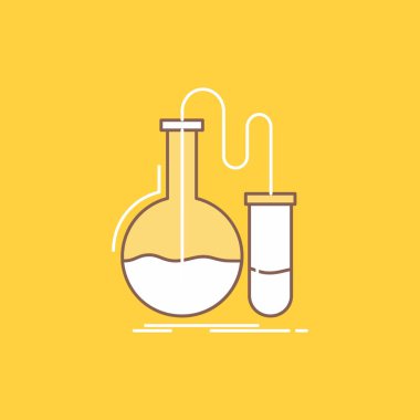 Analiz, kimya, şişesi, araştırma, düz çizgi dolu kutsal kişilerin resmi test. Güzel Logo düğme UI ve Ux, Web veya mobil uygulama için sarı arka plan üzerinde