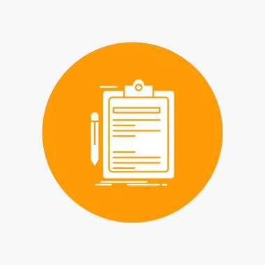 Sözleşme, Çek, iş, iş, klibi kurulu beyaz glif simgesini daire içinde. Düğmesi illüstrasyon vektör