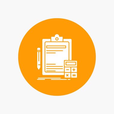 Muhasebe, bankacılık, hesap makinesi, finans, denetim beyaz glif simgesini daire içinde. Düğmesi illüstrasyon vektör