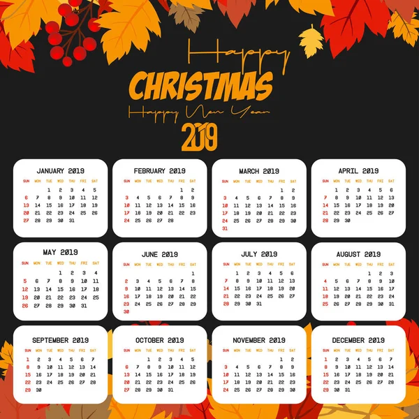 Kalendervorlage 2019 Weihnachten Und Ein Gutes Neues Jahr Hintergrund — Stockvektor