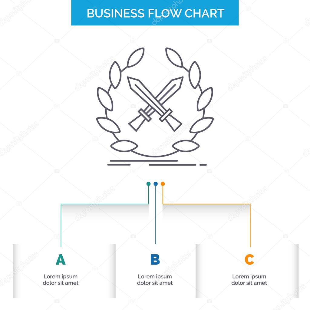 battle, emblem, game, label, swords Business Flow Chart Design with 3 Steps. Line Icon For Presentation Background Template Place for text