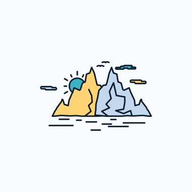 Doğa, dağ, tepe, manzara düz simge su. yeşil ve sarı işaret ve sembolleri Web sitesi ve mobil appliation için. vektör çizim