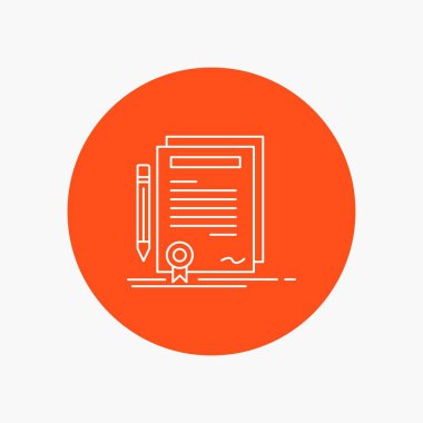 İş, sertifika, sözleşme, derecesi, daire arka planda beyaz çizgi simgesini belge. vektör simge tasarlamak